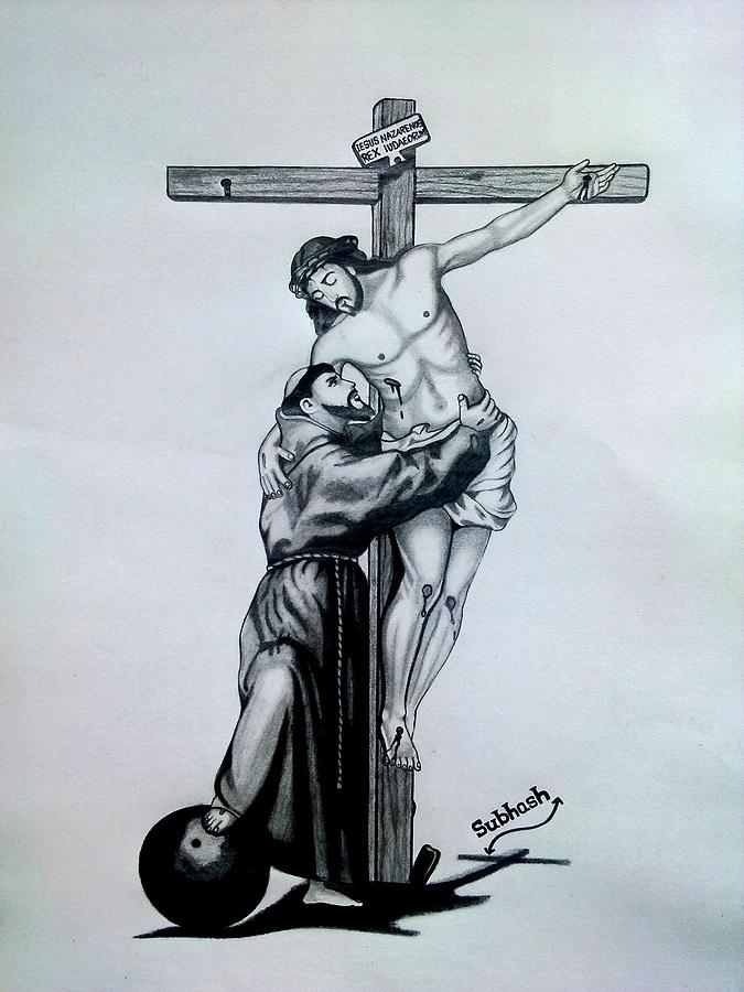 675x900 Saint Francis Of Assisi Embracing Christ On The Cross Drawing By