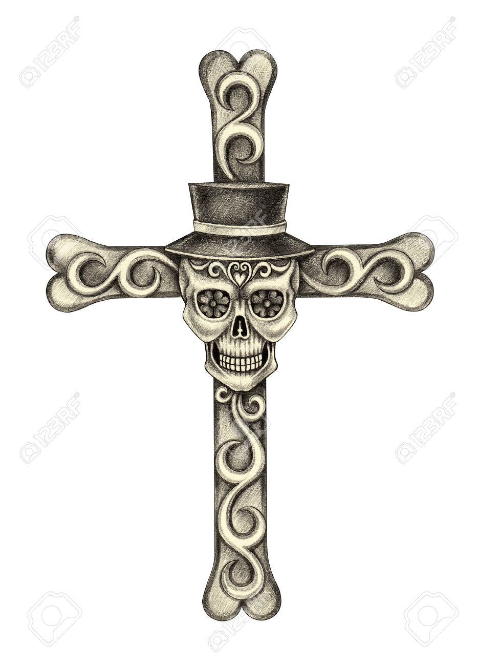 934x1300 Skull Cross Day Of The Dead.hand Pencil Drawing On Paper. Stock
