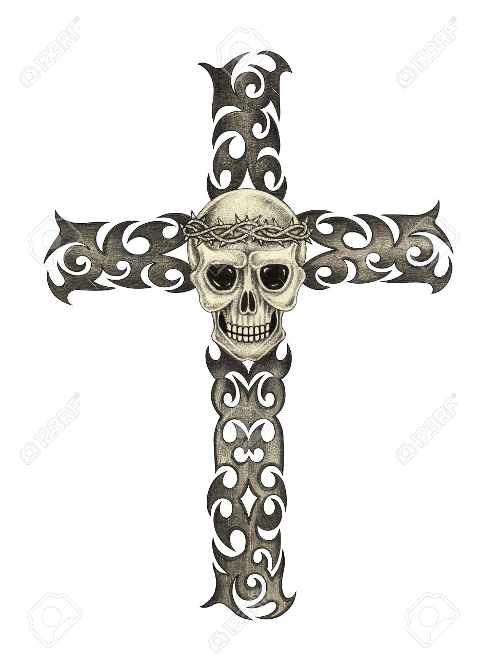 969x1300 Skull Cross Tattoo Hand Pencil Drawing On Paper. Stock Photo