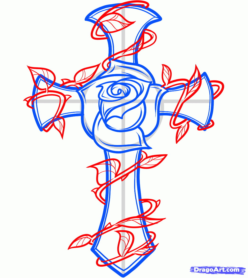 1046x1174 Cross With Vines Tattoo How To Draw A Rose And Cross Tattoo Step