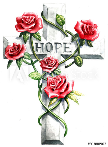 367x500 Pink Red Roses And Green Vines On Stone Gray Cross With Carved