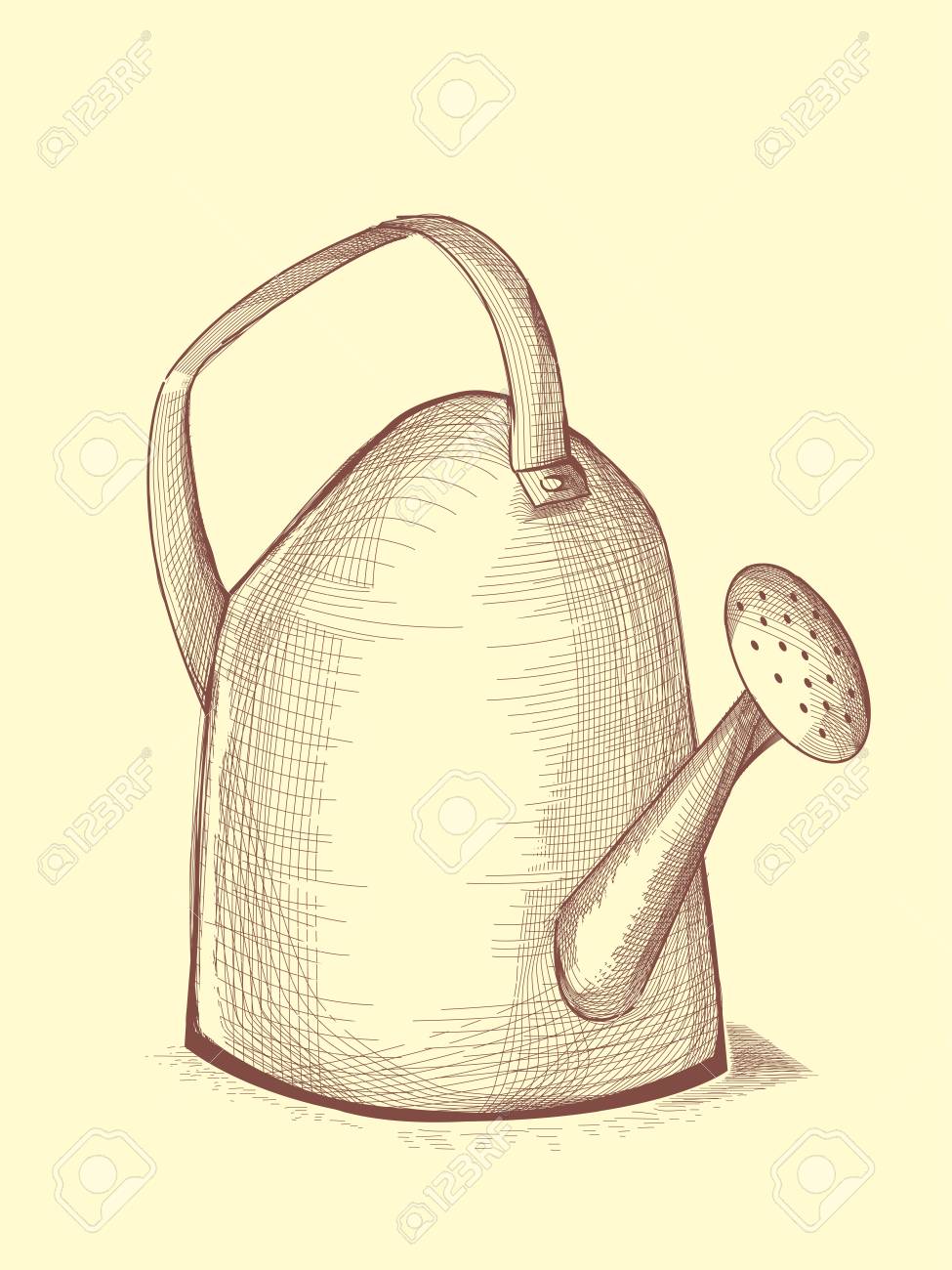 975x1300 Illustration Of A Vintage Metal Watering Can. Crosshatch Drawing
