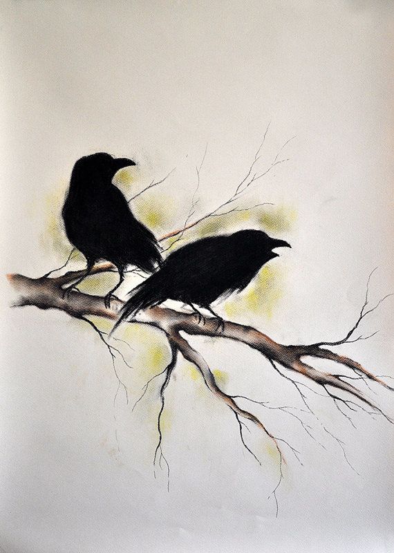 570x800 Original Crow Drawing Charcoal Drawing Ravens On A Branch Large