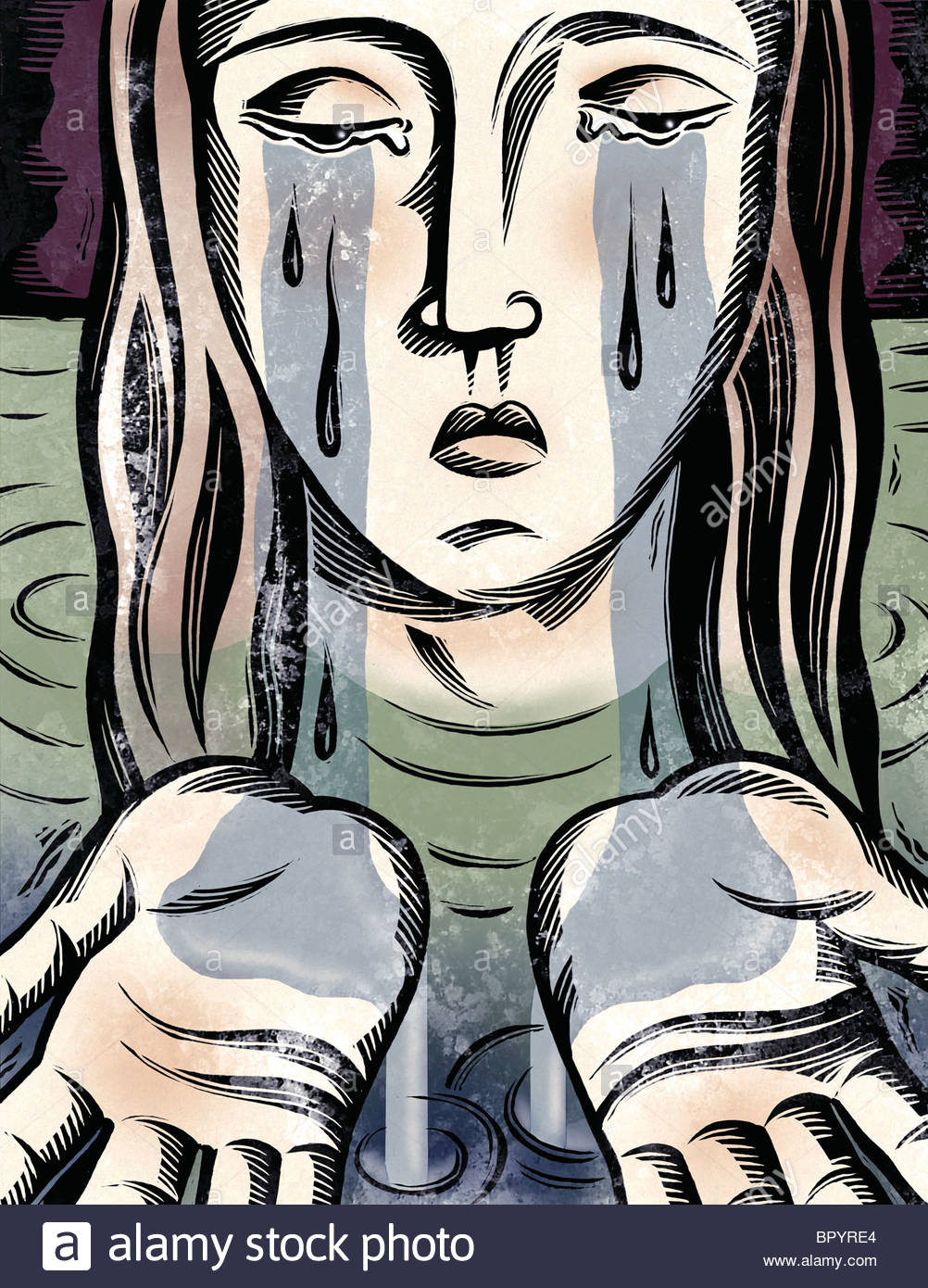 1002x1390 Drawing Of A Crying Woman Catching Her Tears In Her Hands Stock