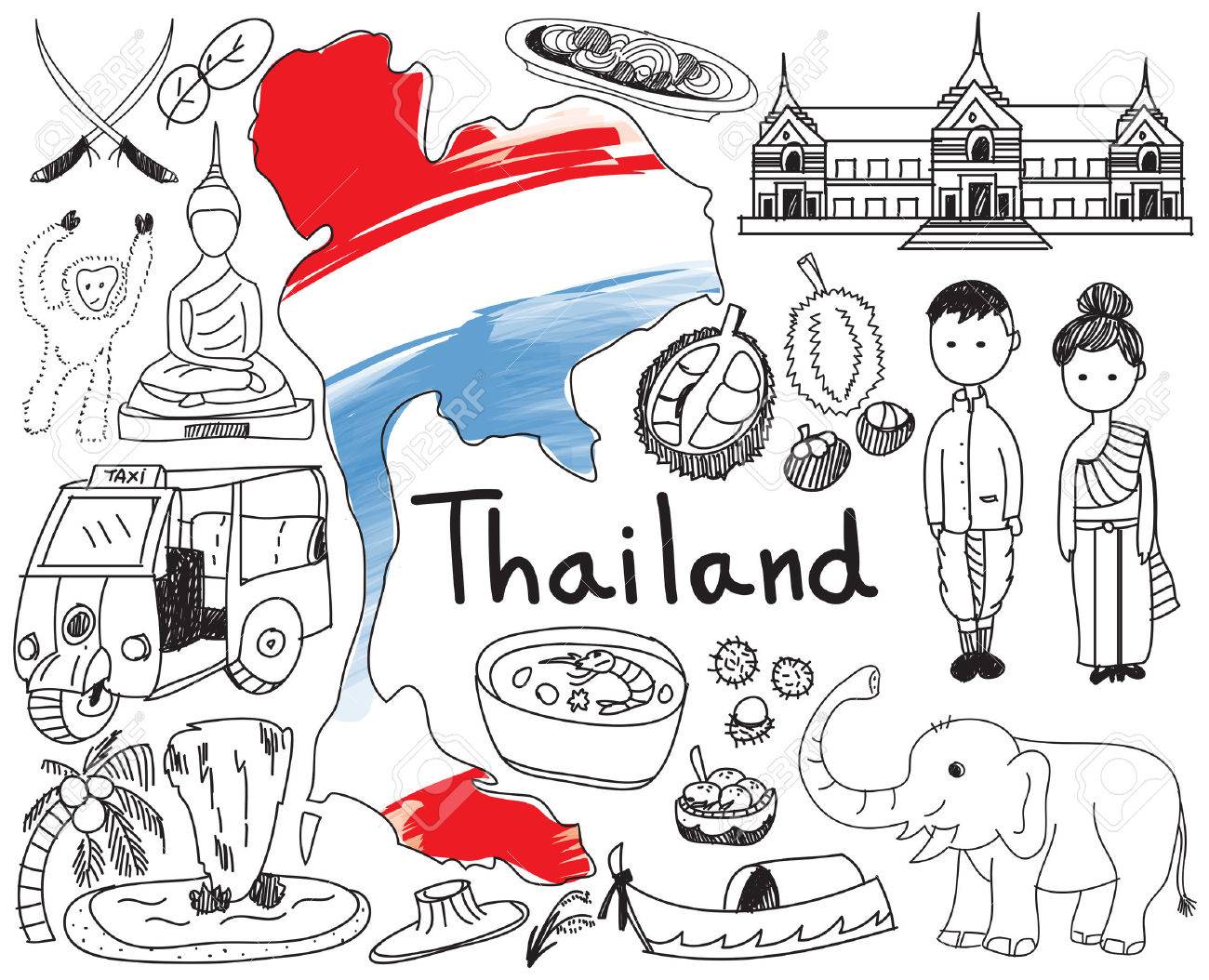 1300x1054 Travel To Thailand (Siam) Doodle Drawing Icon With Culture