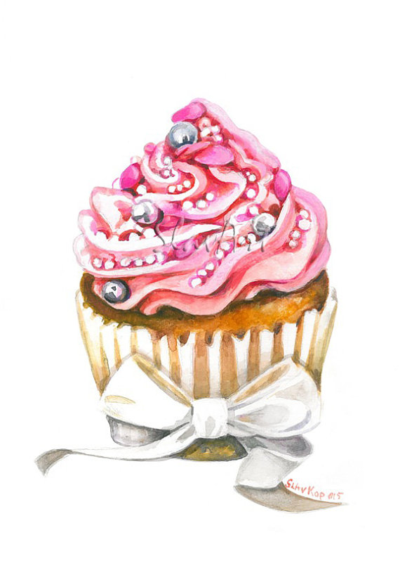 570x808 Pink Sweet Cupcake Still Life Print Watercolor Painting Fine Art