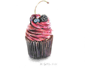 340x270 Original Berry Cupcake Drawing Color Pencil Drawing