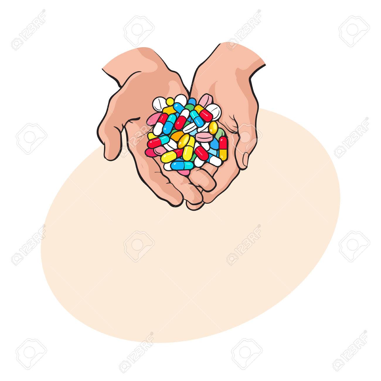 1300x1300 Two Cupped Hands Holding Handful, Pile Of Colorful Pills, Tablets