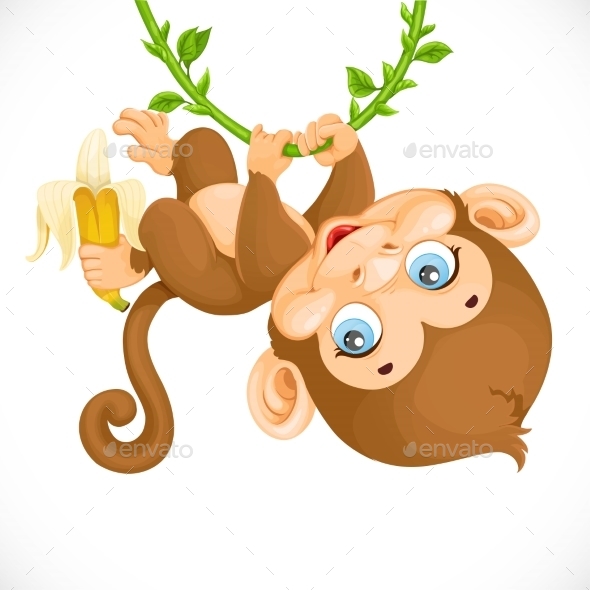 590x590 Cute Baby Monkey With Banana Hanging On The Vine Monkey, Font