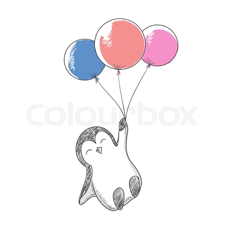 800x800 Cute Penguin Flying With Helium Balloons.childish Cartoon Design