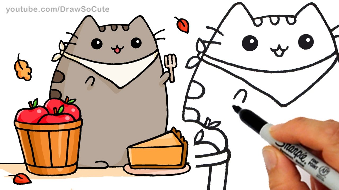 1280x720 How To Draw Autumn Pusheen Cat Eating Pie Step By Step Easy