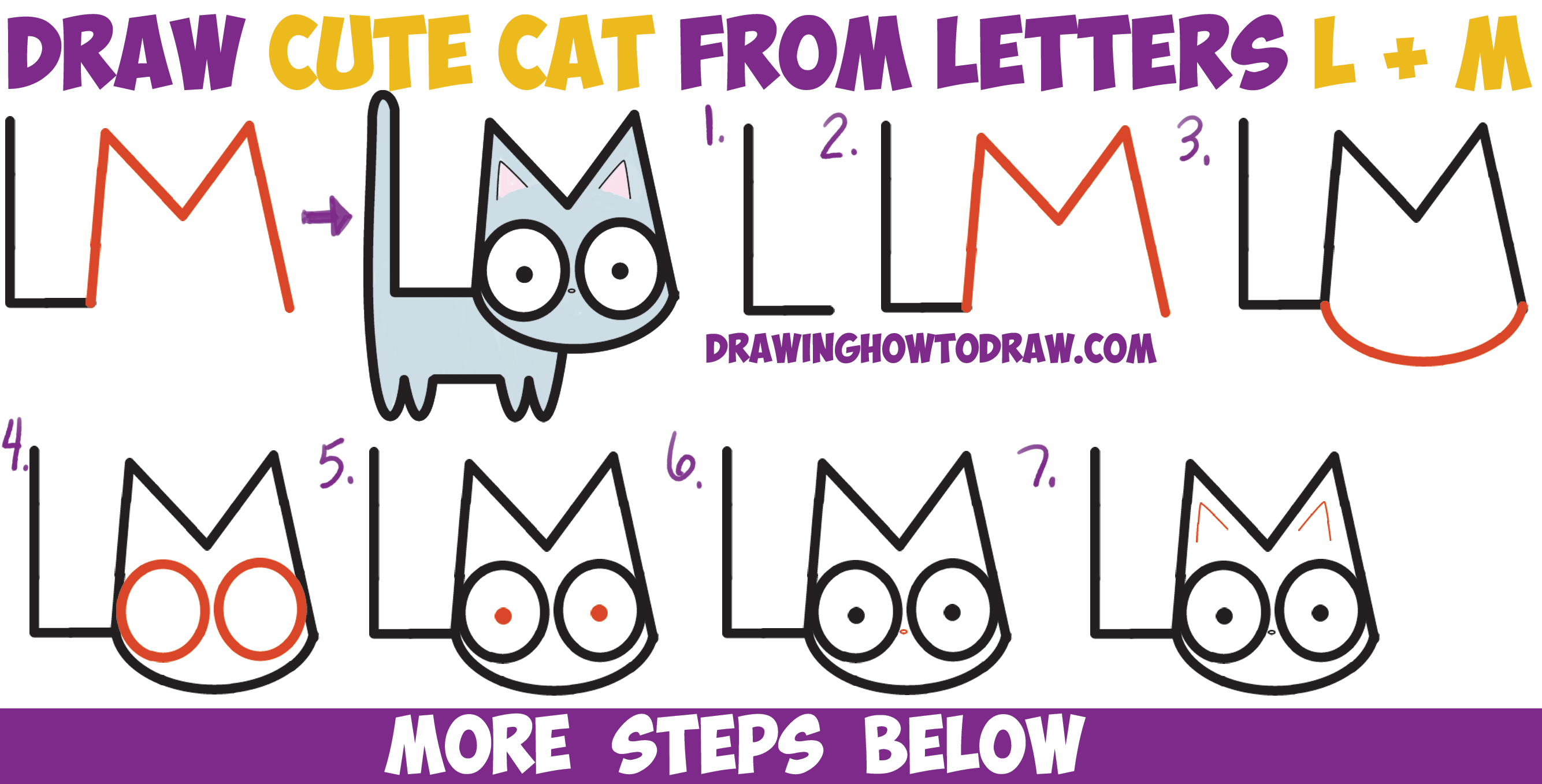 2669x1358 How To Draw A Cute Cartoon Kitten From Letters L + M Easy Step By