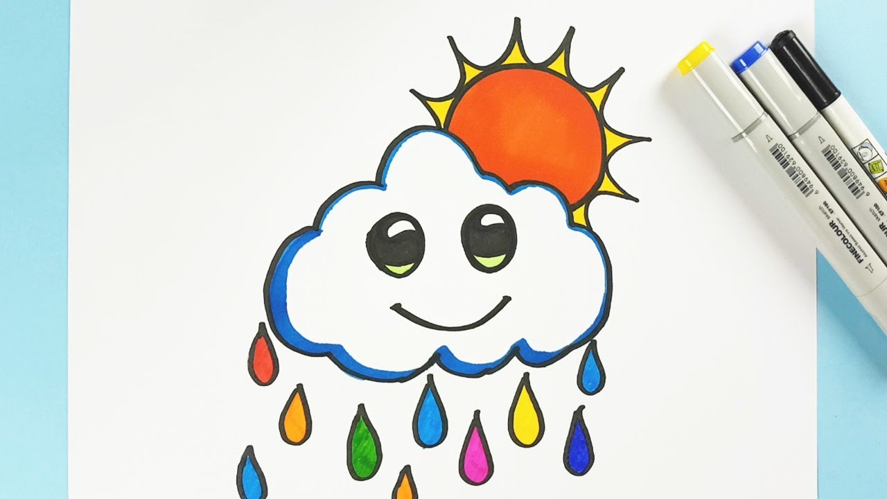 1280x720 How To Draw A Cute Cloud And Sun With Colorful Rain Dropping