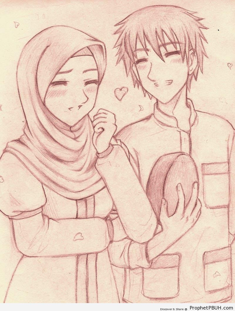800x1059 New Pencil Drawings With Cute Muslim Couples