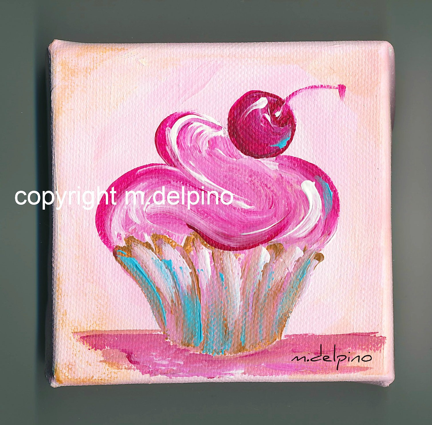 1500x1474 Pink Cupcake Oil Painting 4 X 4 Canvas Cottage Chic Kitchen Bakery