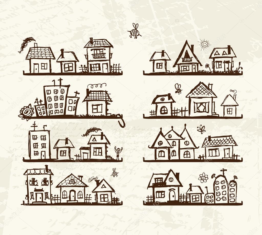 1024x916 Sketch Of Cute Houses On Shelves For Your Design Stock Vector