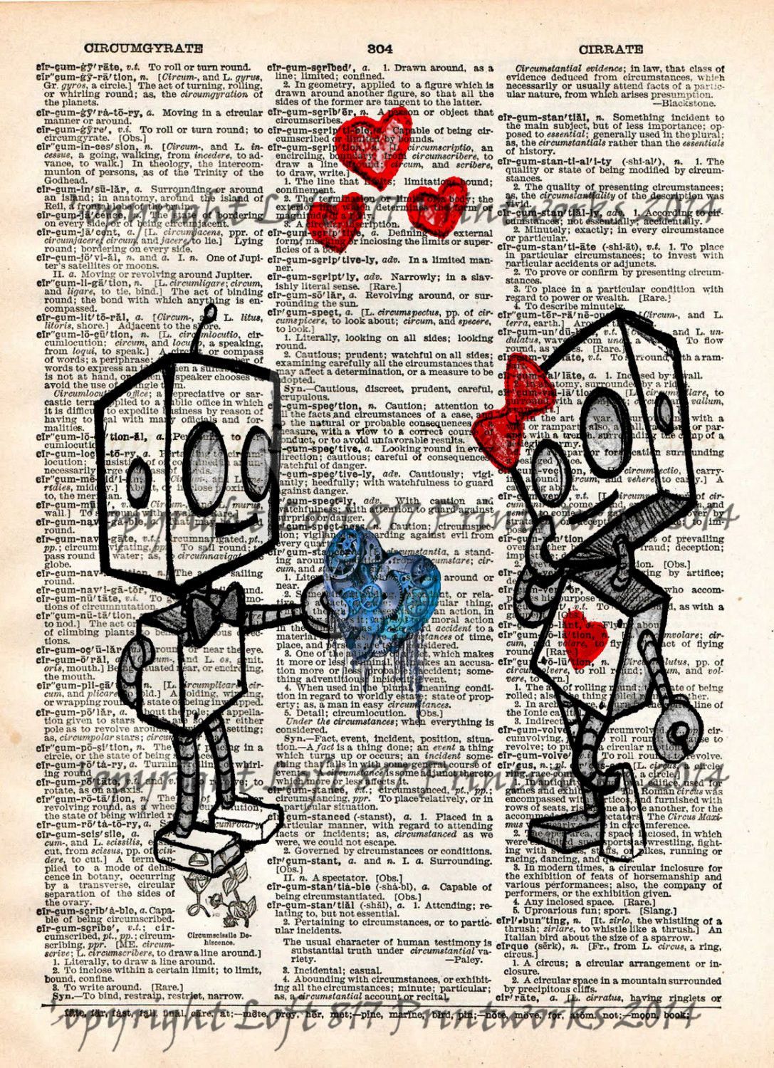 1087x1500 Robot Love, Cute Robot Art Print, Vintage Dictionary Page Art