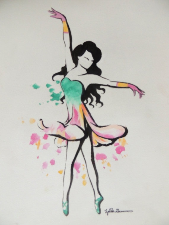 570x760 Etsy Ink And Watercolor Dancing Girl With Flower Dress By Lydiart