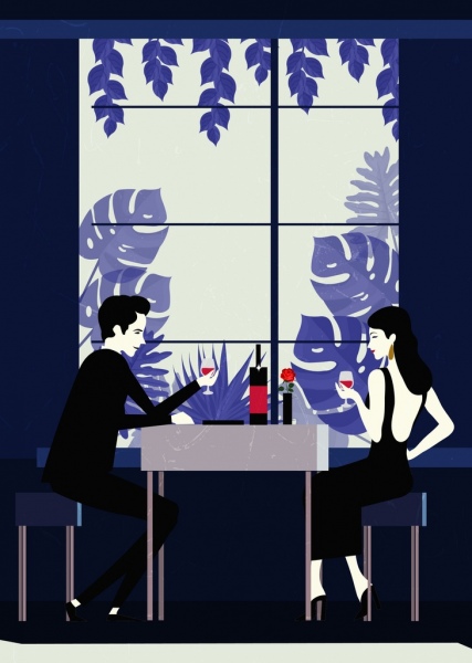 427x600 Couple Dating Drawing Restaurant Interior Colored Cartoon Design