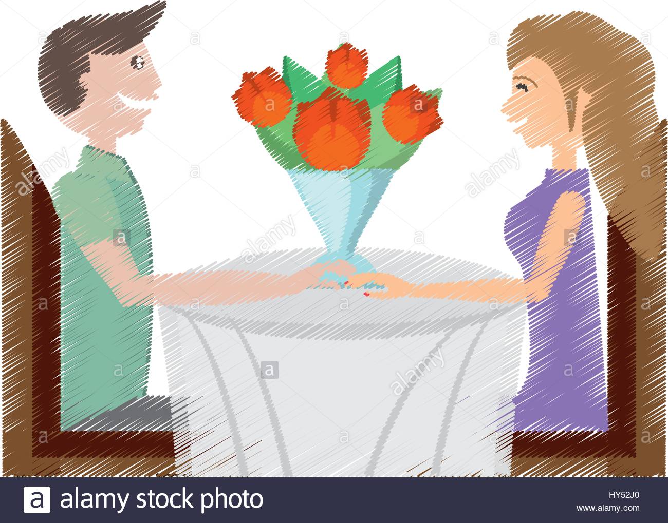 1300x1019 Drawing Couple Smiling Roses Sitting Dating Lovely Vector Stock