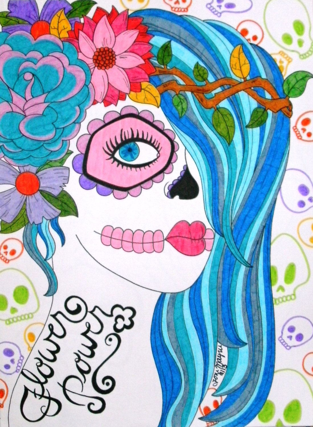 1099x1500 Sugar Skull Girl, Day Of The Dead Art, 9x12 Inch Drawing, Dia De