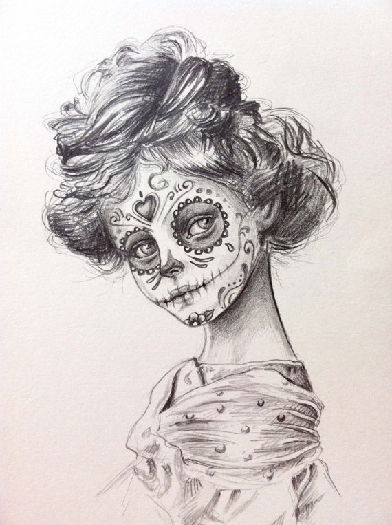 570x763 Day Of The Dead Sugar Skull Girl , Original Drawing Art