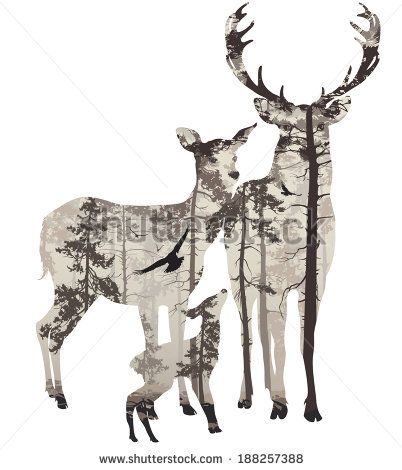402x470 Deer Family Silhouette With Forest Ink Art Deer
