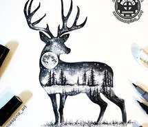 215x185 Deer, Moon, Forest, Lake, Drawing, Art, Black, White