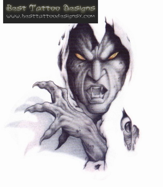 524x600 White Amp Grey Ink Scary Demon Tattoo Design