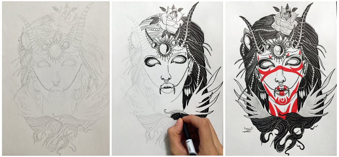 1384x640 Drawing Demon Girl Tattoo By Kseniya D