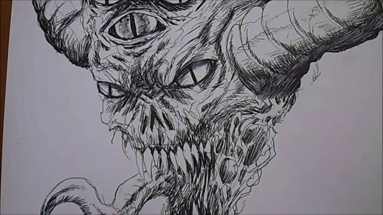1280x720 Sketching A Demon Head With Black Inkjoy Biro Pen