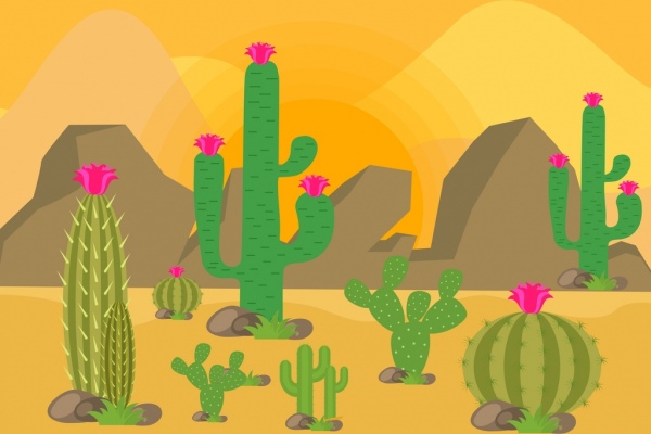 600x400 Desert Landscape Drawing Cactus Rock Icons Colored Cartoon Free