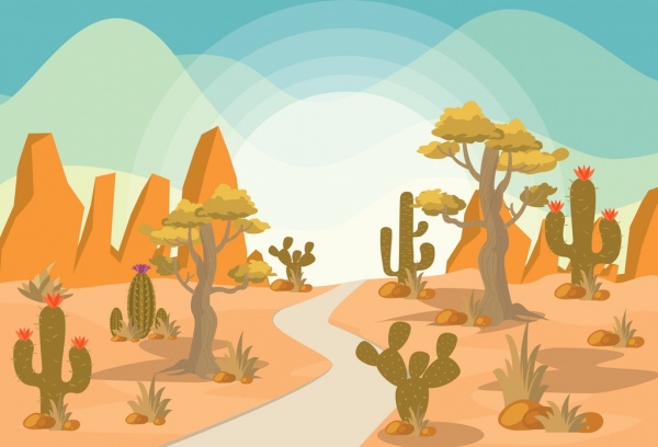 600x408 Desert Landscape Drawing Colored Cartoon Design Cactus Icons Free