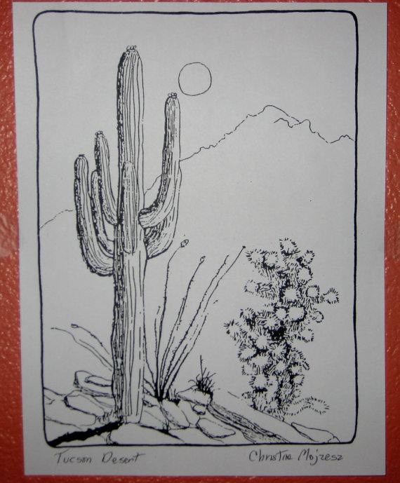 570x689 Tucson Desert Scene. Drawing Of Tucson Desert Done In Black
