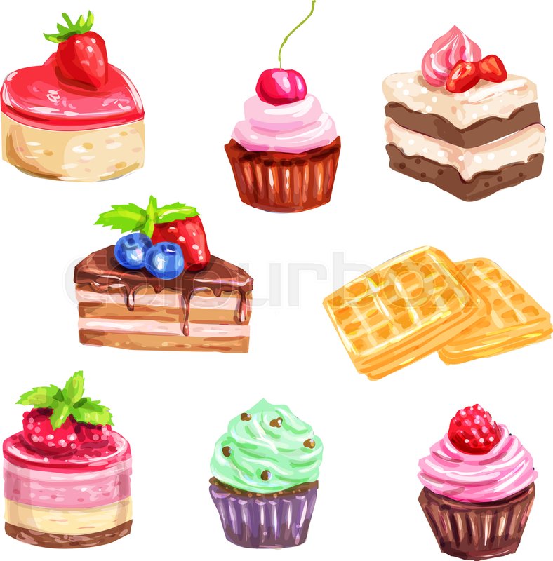 788x800 Cake And Pastry Dessert Set Of Watercolor Chocolate Cake, Cupcake