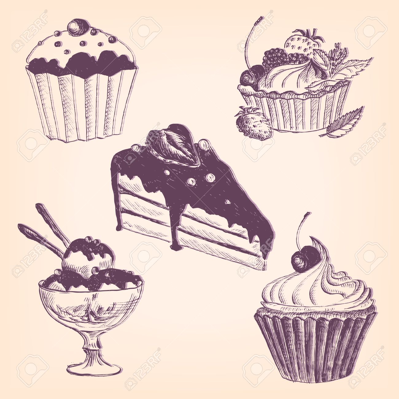 1300x1300 Set Of Hand Drawn Desserts, Cake And Ice Cream, Ink Drawing Vector