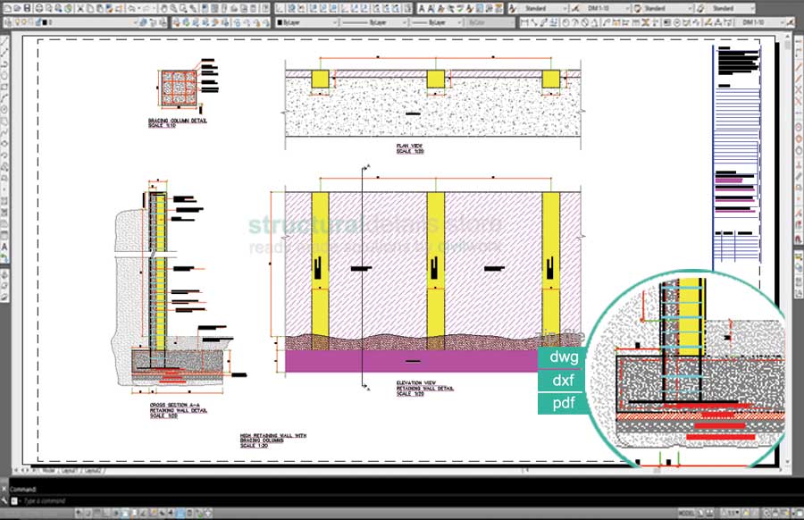 900x582 Retaining Wall With Bracing Columns Detail Drawing