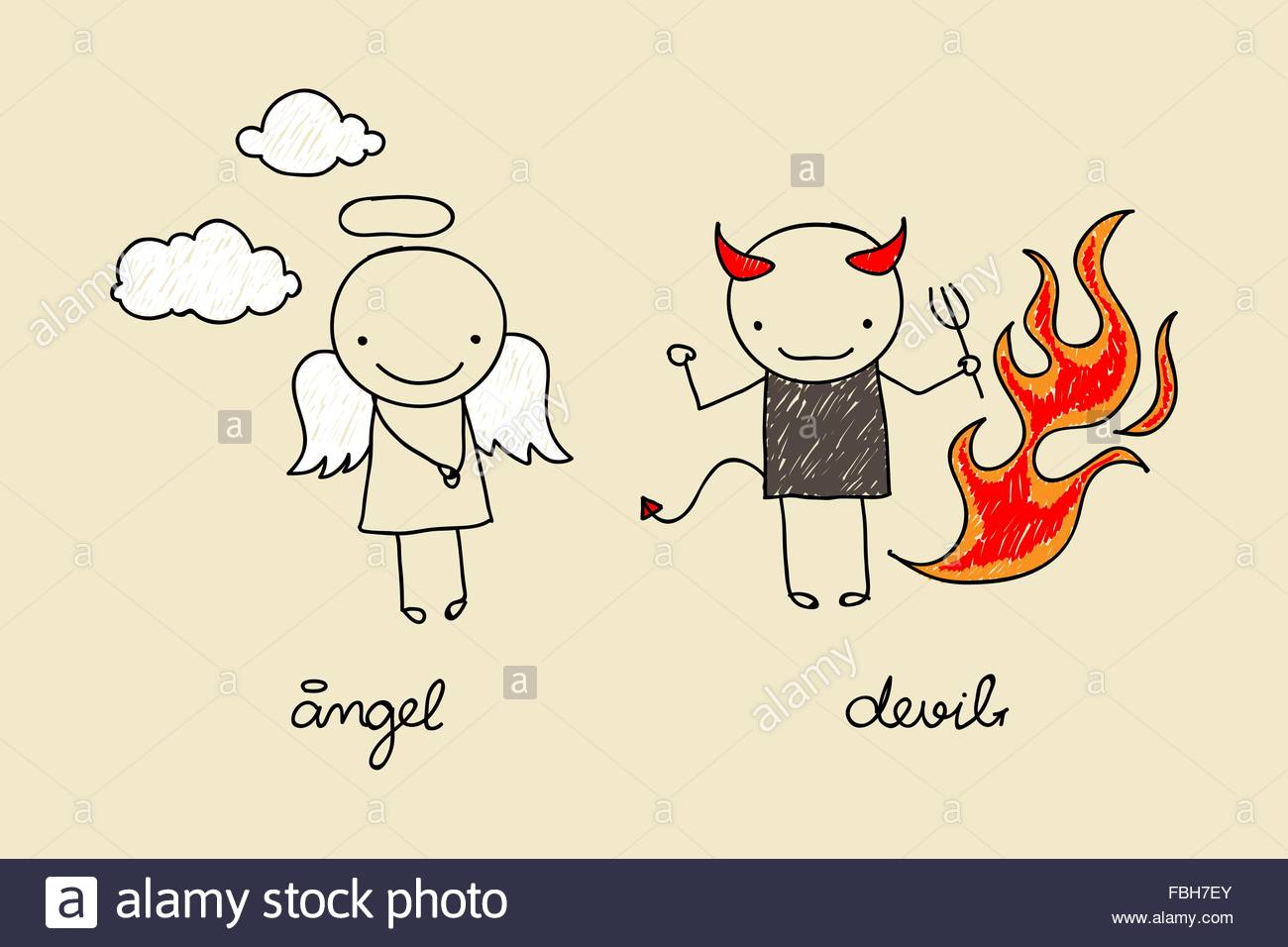 1300x956 Childish Drawing Of Cute Devil And Angel With Flames And Clouds