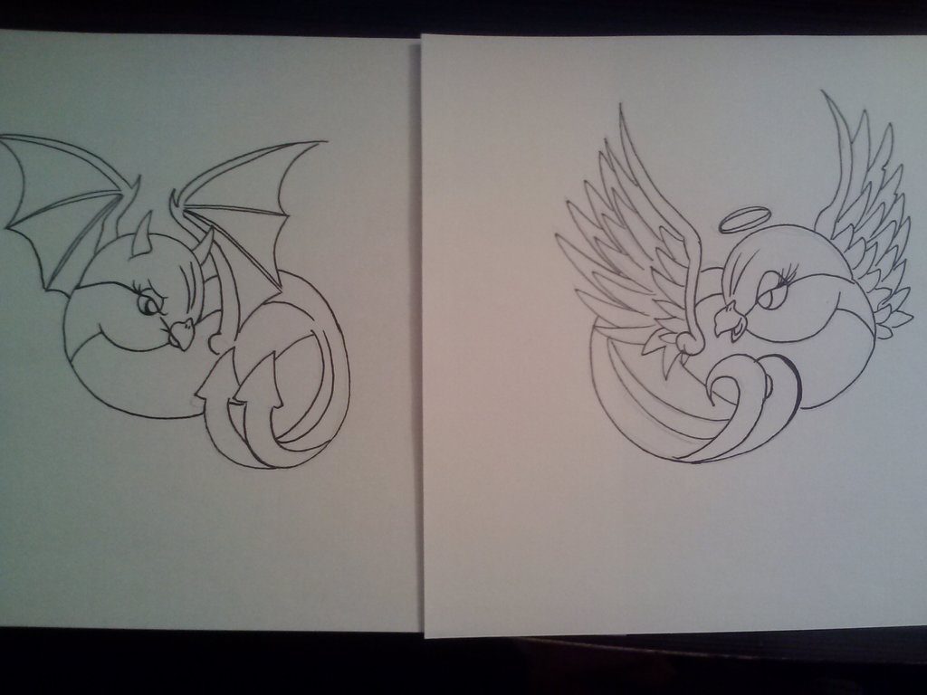 1024x768 Angel And Devil Bird Tattoo Design By Samanthalyn1