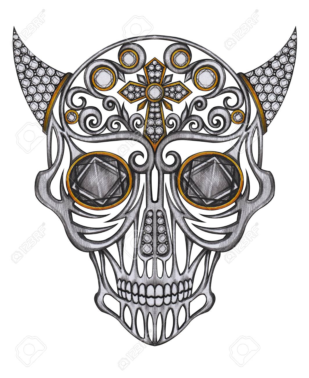 1064x1300 Art Graphic And Gems Mix Devil Skull. Hand Pencil Drawing