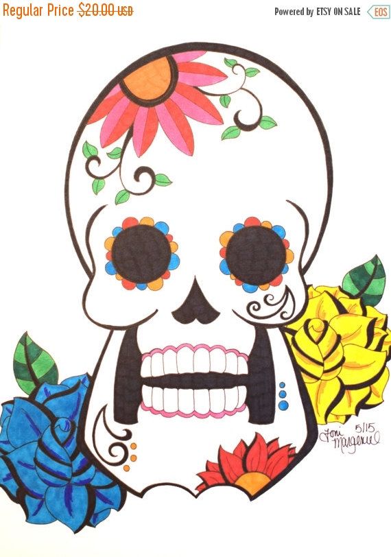 570x812 Sugar Skull Drawing, Day Of The Dead Artwork, 9x12 Inch Skull Art