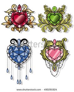 236x295 Neo Traditional Girly Heart Crystal Diamond Amp Rose Tattoo Design