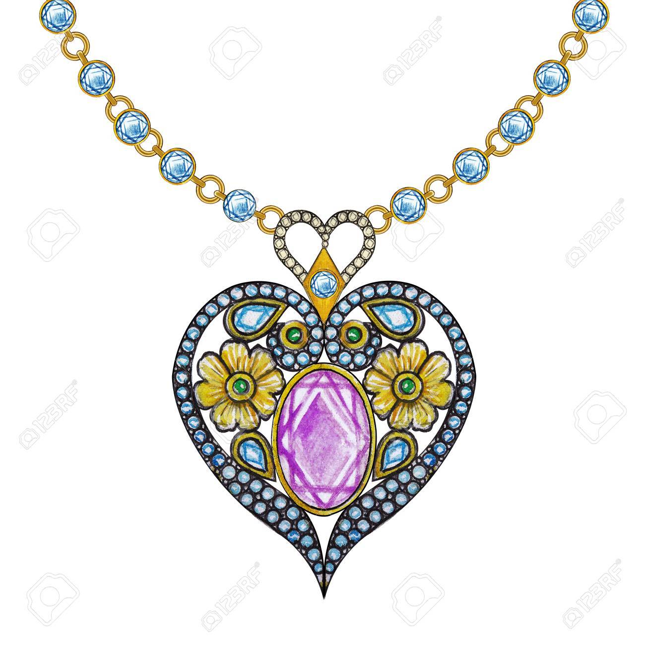 1300x1300 Jewelry Design Heart Necklace. Hand Drawing And Painting On Paper