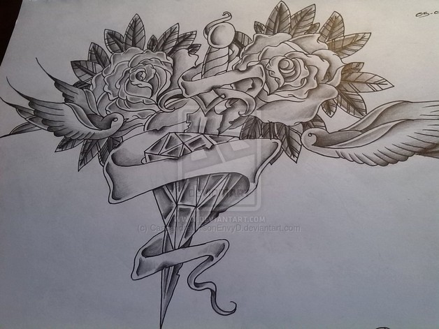 628x471 Rose Diamond Tattoo On Chest