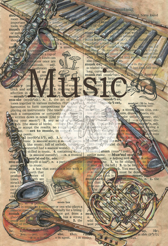 570x835 Print Music Mixed Media Drawing On Antique Dictionary Page