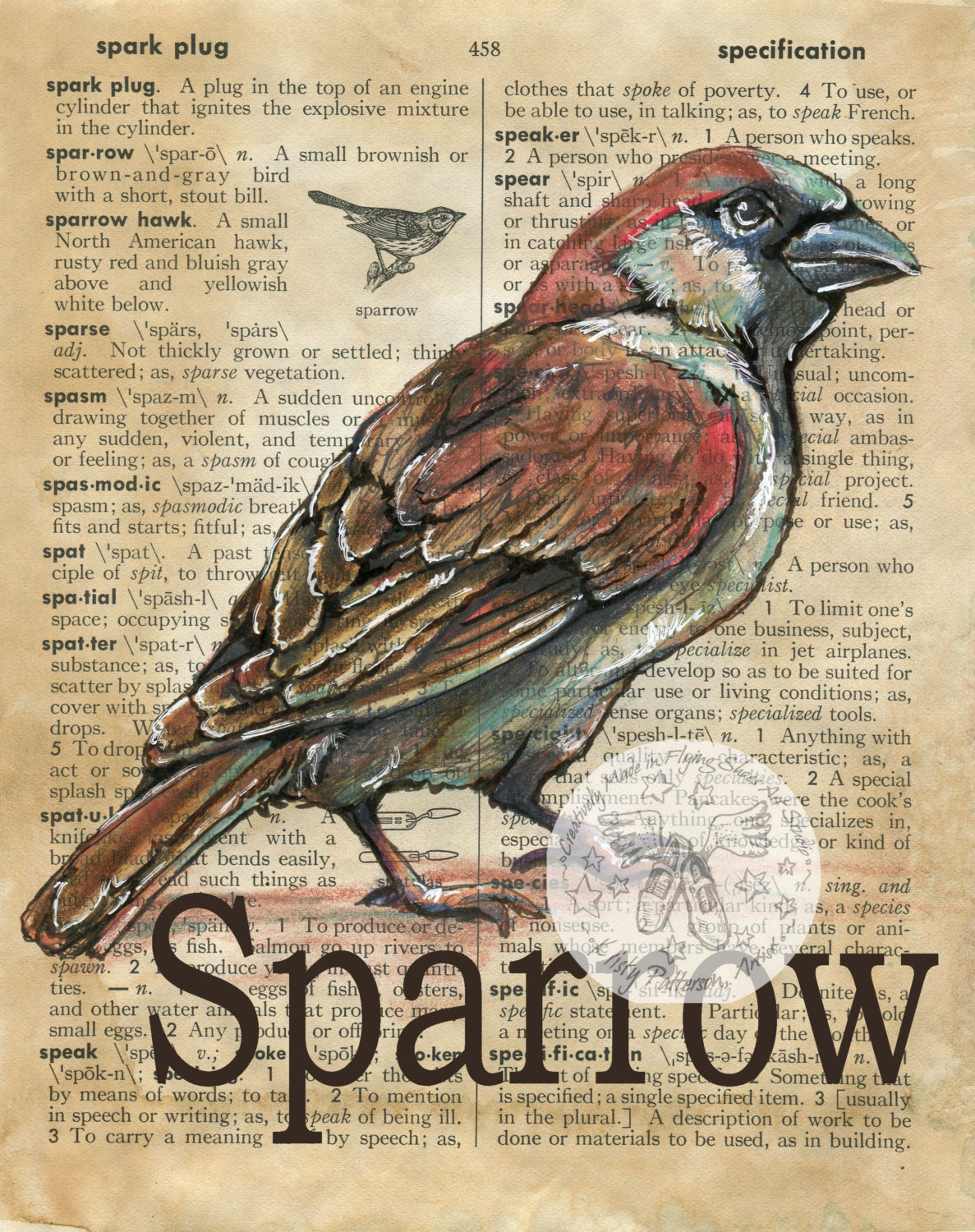 1187x1500 Print Sparrow Mixed Media Drawing On Antique Dictionary