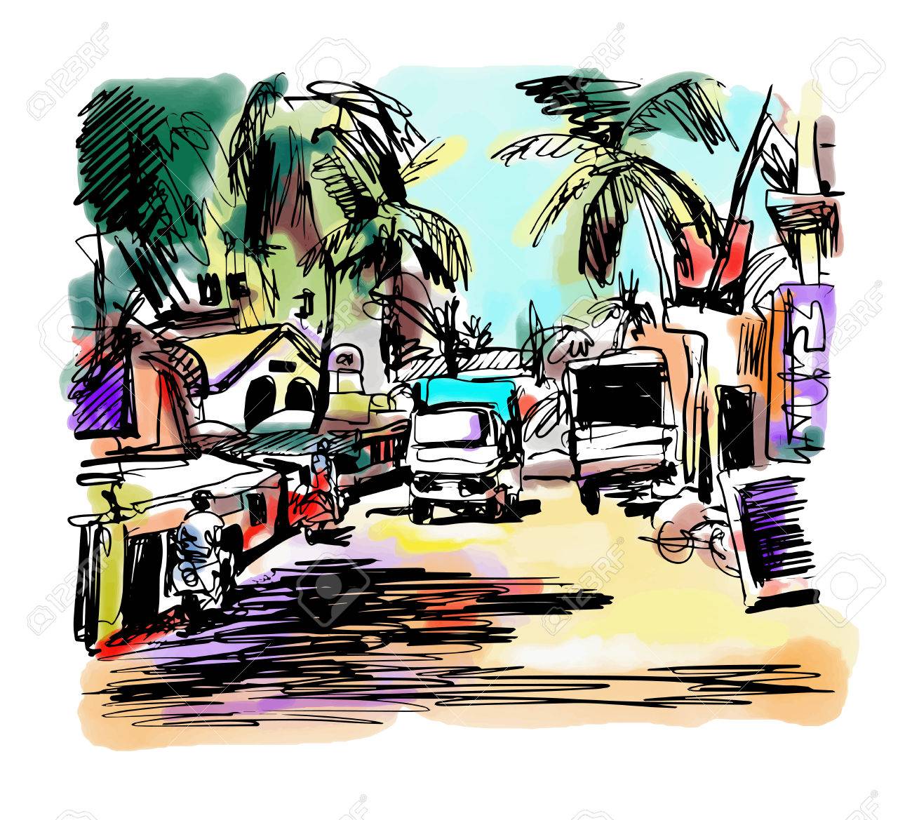1300x1169 Original Digital Drawing Of India Goa Calangute Baga Landscape