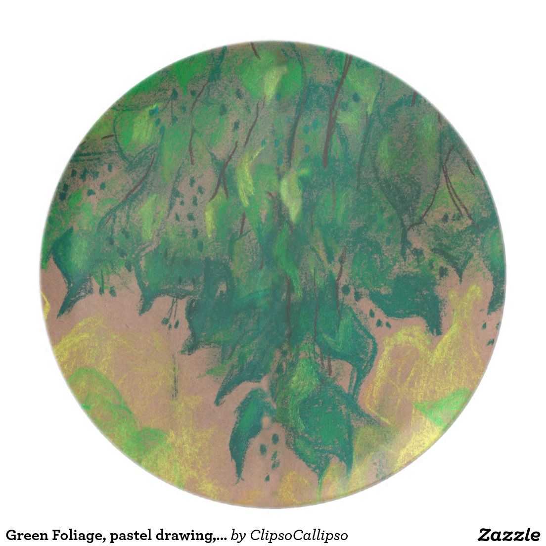 1104x1104 Green Foliage, Pastel Drawing, Life Sketch, Nature Dinner Plate