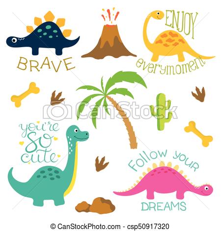 450x470 Dinosaur Footprint, Volcano, Palm Tree, Stones, Bone And Vector