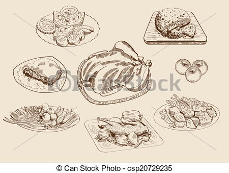 450x339 Main Dishes And Ingredients. Set Of Vector Sketches Vectors